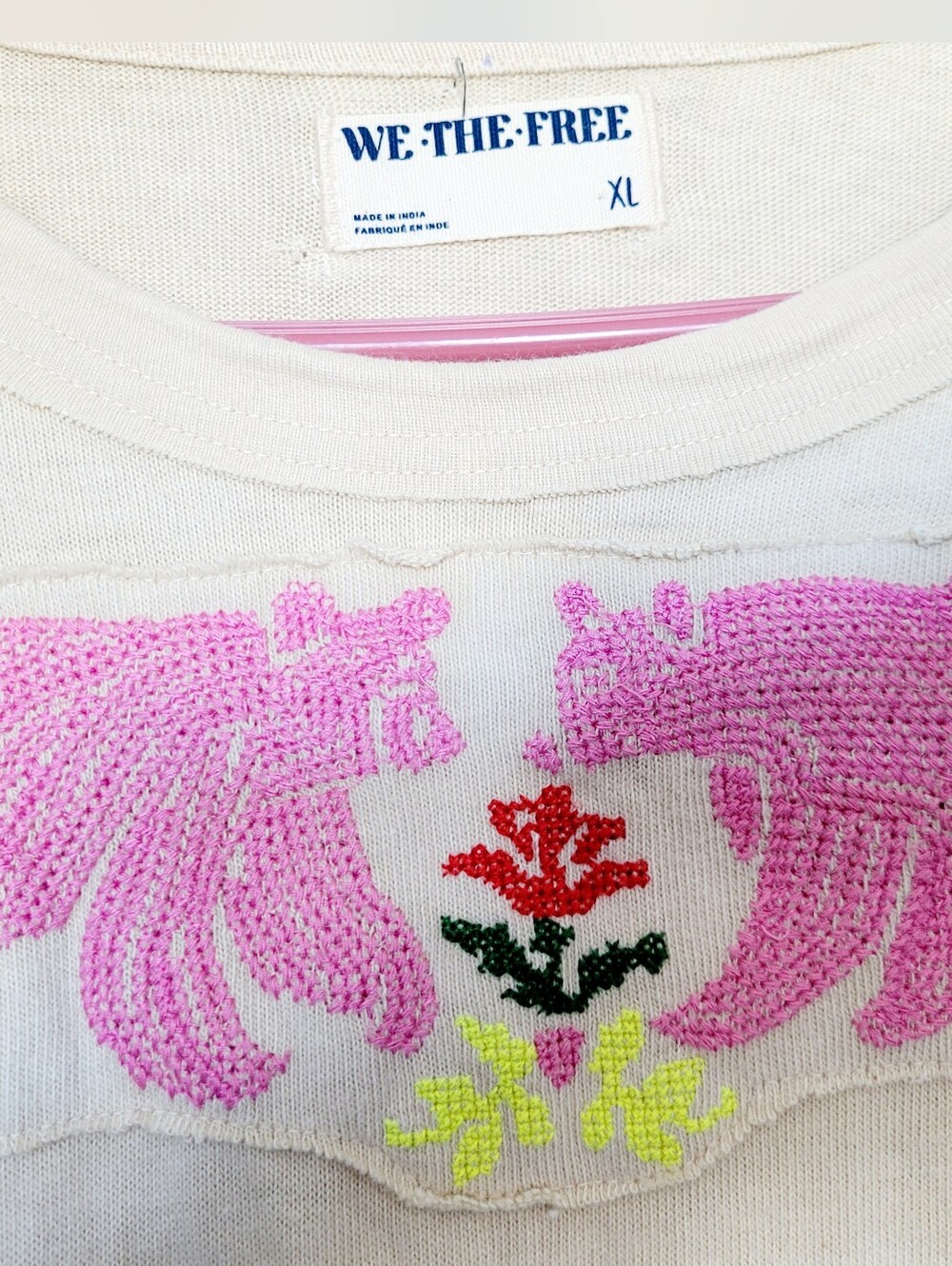 We The Free All My Heart Cream Sweatshirt Pink Bear&Floral Sleeve Embroidery XL - Picture 2 of 16